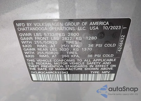 2024 Volkswagen Atlas 2.0T Se W/Technology z USA, uszkodzony, nr VIN 1V2JR2CA6RC532342